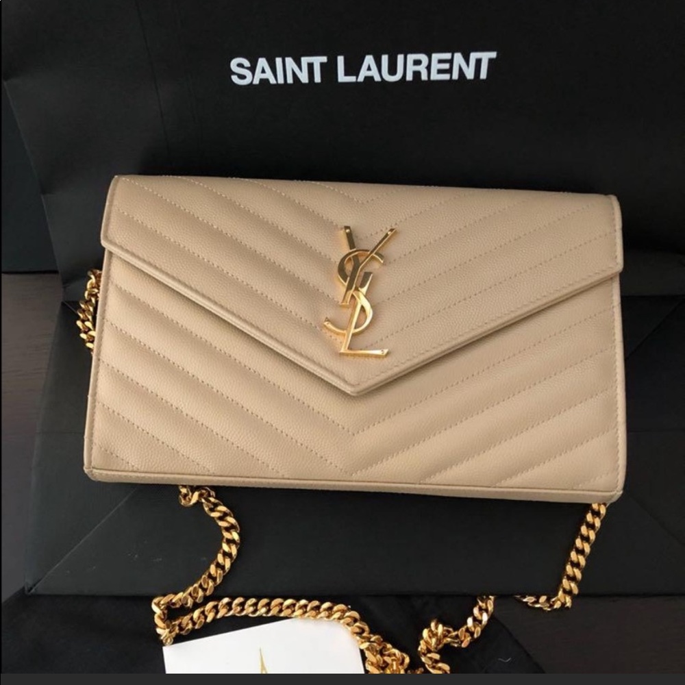 New Nude YSL Chevron Monogram Chain Wallet (WOC)